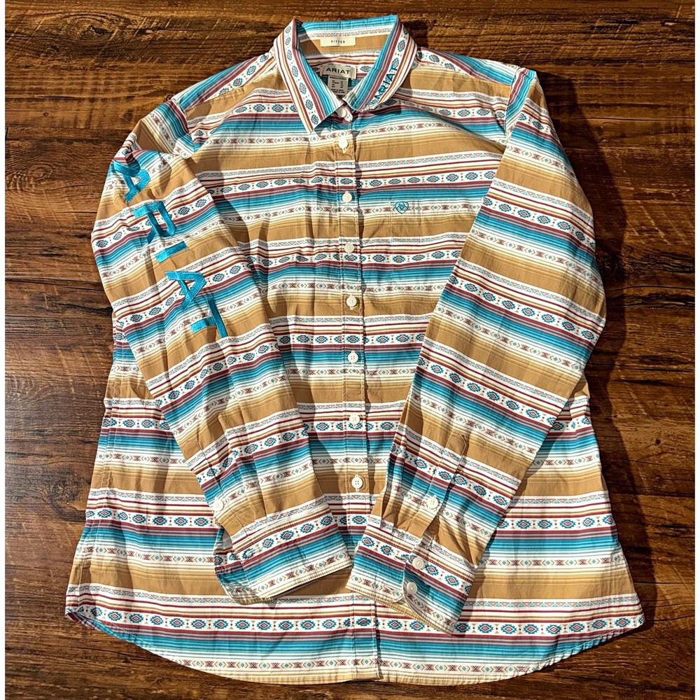Ariat Women's XL Fitted Western Aztec Striped Long Sleeve Collared Button-Up